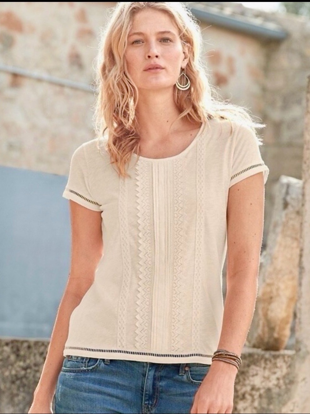 Garnet Hill Lace-Detail Short-Sleeve Tee in Ivory